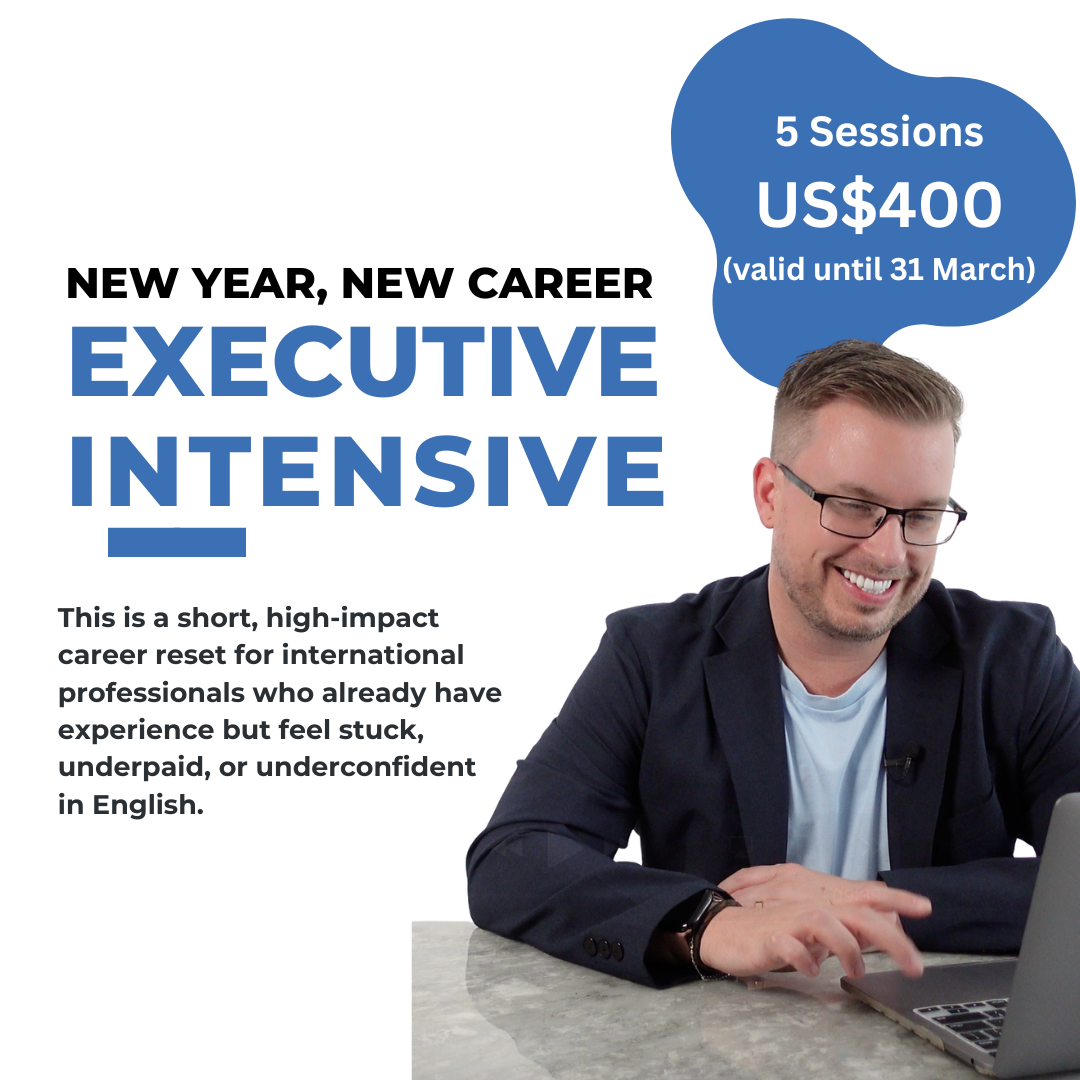 Promotional graphic for Coaching by Nate advertising a New Year, New Career Executive Intensive, featuring Nate smiling while working on a laptop, with details for a 5-session executive coaching package priced at US$400.